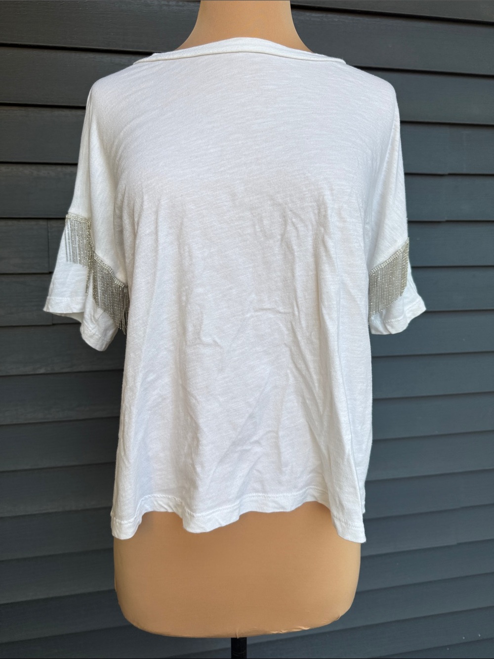 LNA Shimmy Chain Fringe Tee Sz M